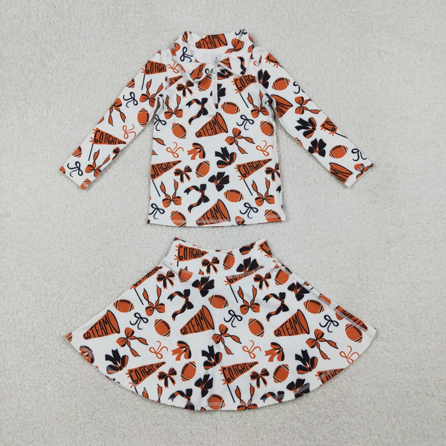 GLD1285 Baby Girls Black Orange Bows Footballs Zipper Pullovers Skirt Shorts Team Yoga Active Clothes Set
