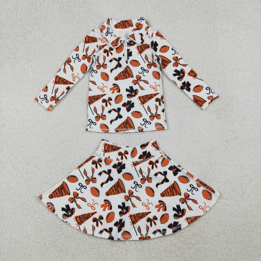 GLD1285 Baby Girls Black Orange Bows Footballs Zipper Pullovers Skirt Shorts Team Yoga Active Clothes Set