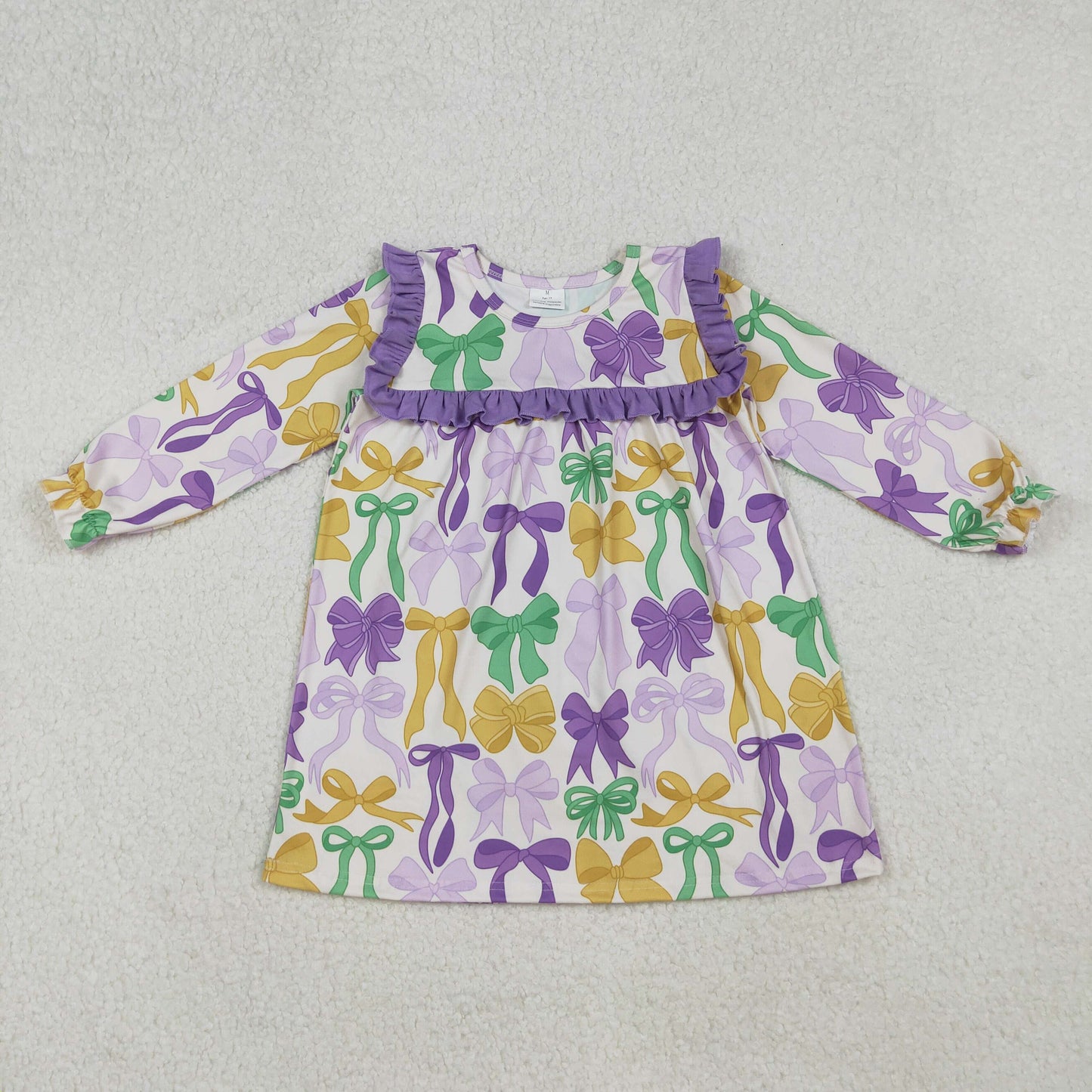 GLD1295 Baby Girls Mardigras Bows Plaid Ruffle Sleeve Knee Length Dresses