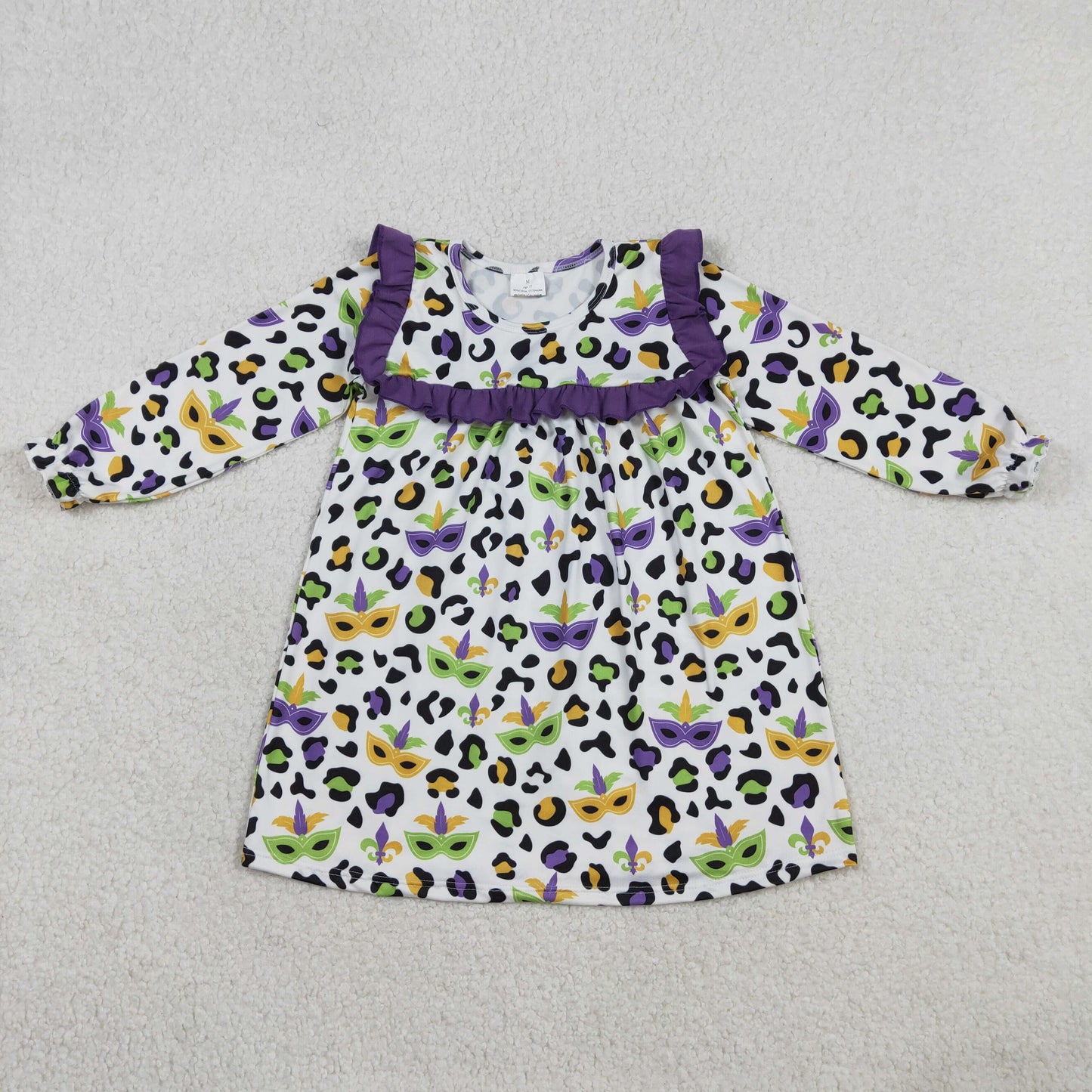 Sibling Baby Girls Long Ruffle Sleeve Mardigras Leopard Bows Anchors Knee Length Dresses