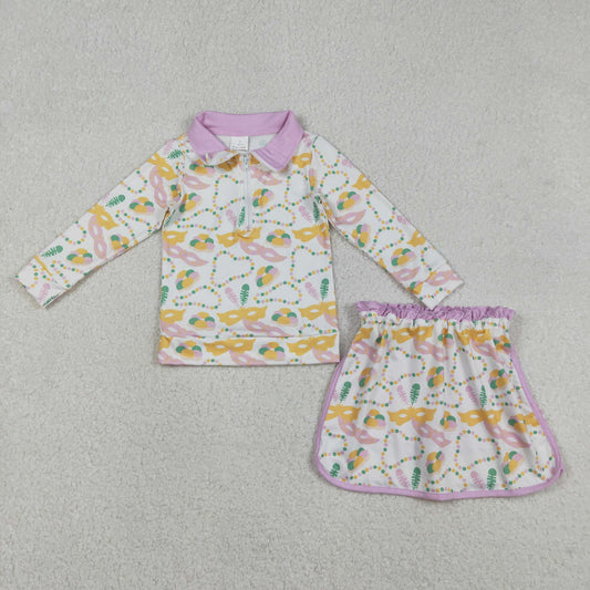 GLD1334 Baby Girls Mardigras Masks Donuts Zipper Pullovetrs Skirt Shorts Clothes Sets