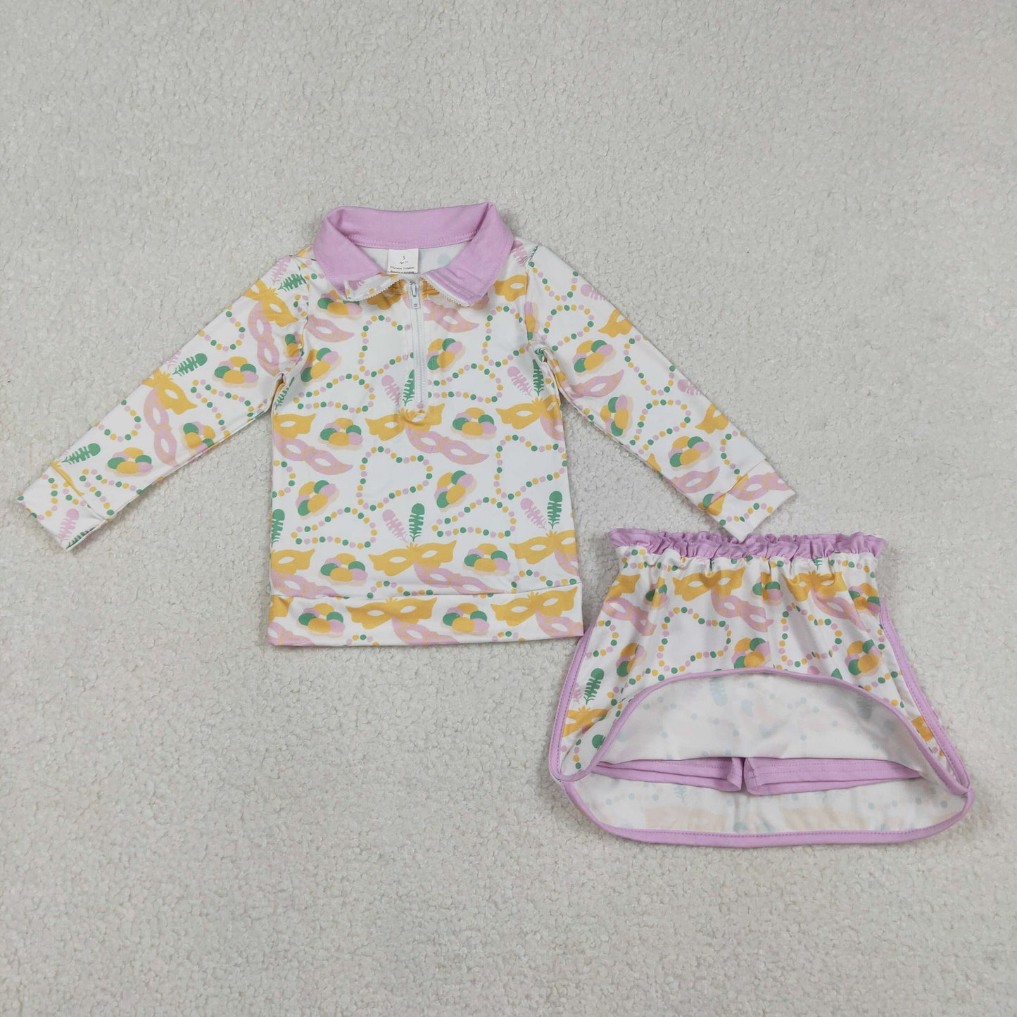 GLD1334 Baby Girls Mardigras Masks Donuts Zipper Pullovetrs Skirt Shorts Clothes Sets