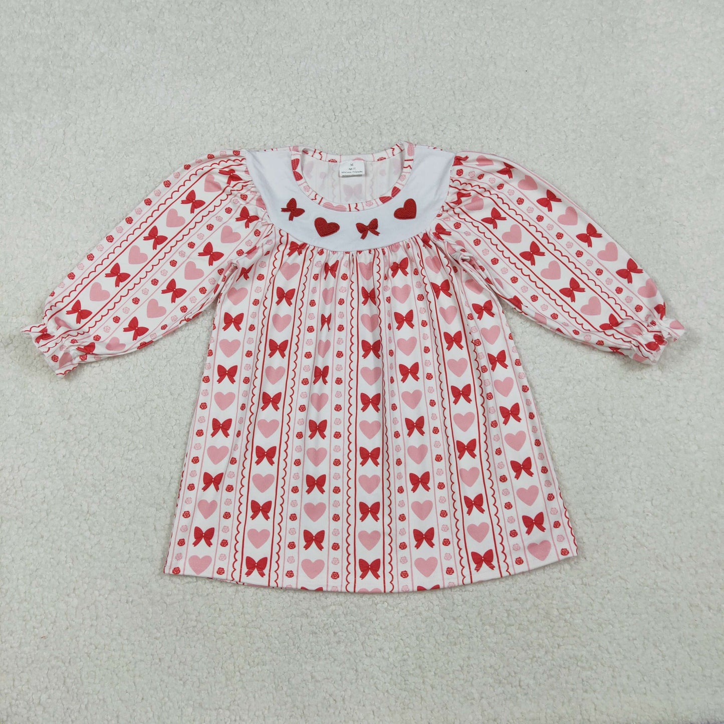 GLD1336 Baby Girls Embroidery Bows Hearts Stripe Valentine Knee Length Dresses