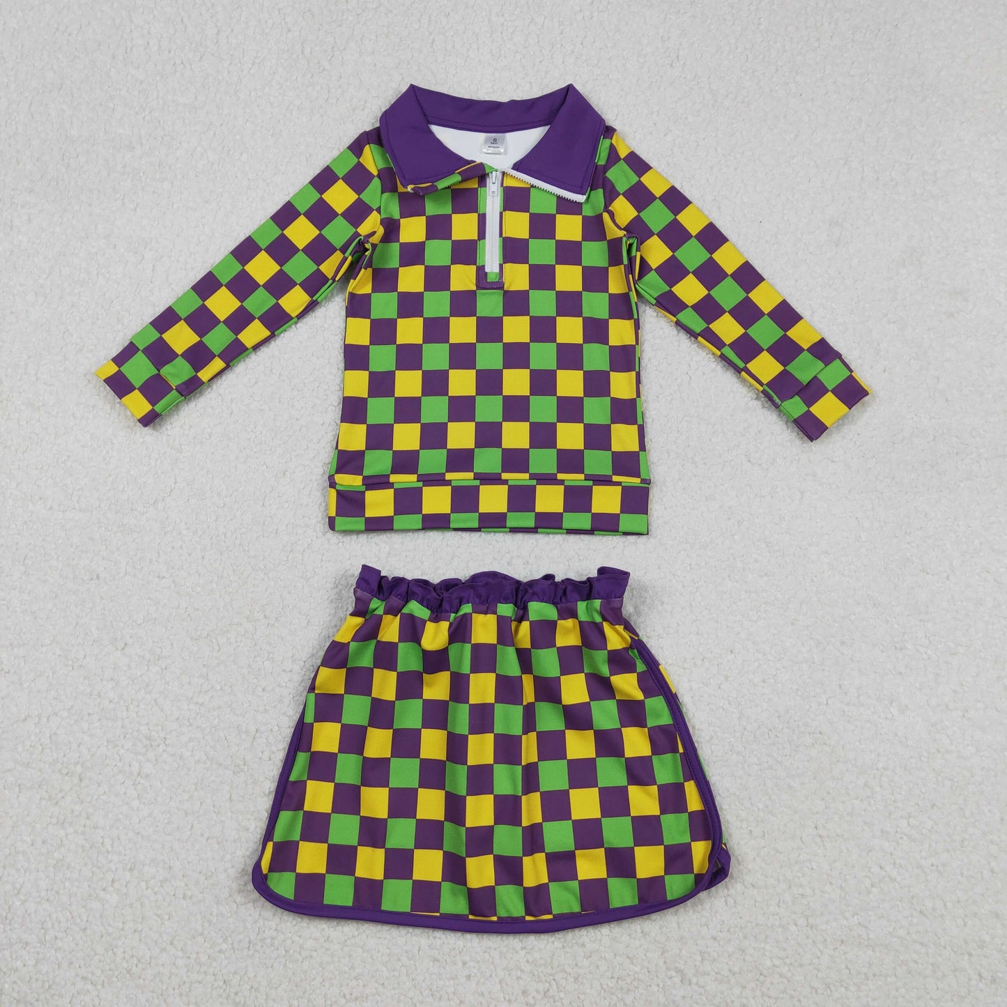 GLD1362 Baby Girls Mardigras Checked Zip Pullovetrs Skirt Shorts Yoga Active Clothes Sets