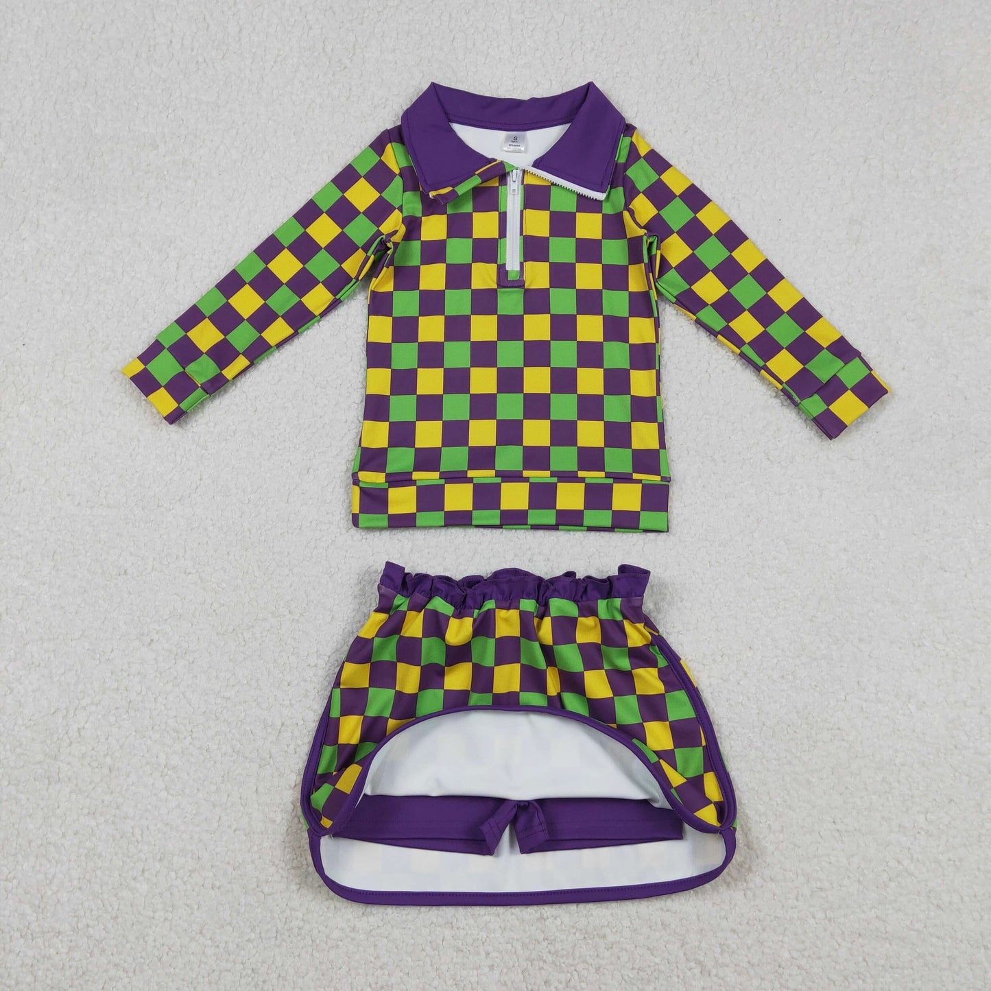 GLD1362 Baby Girls Mardigras Checked Zip Pullovetrs Skirt Shorts Yoga Active Clothes Sets
