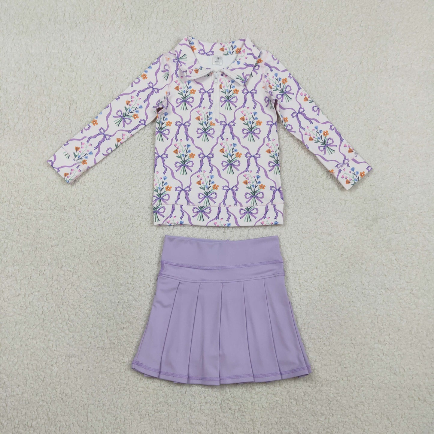 GLD1416 Baby Girls Flower Bows Zipper Pullover Pleated Skirt Short Yoga Active Clothes Sets
