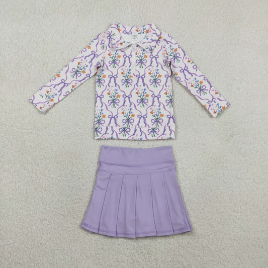 GLD1416 Baby Girls Flower Bows Zipper Pullover Pleated Skirt Short Yoga Active Clothes Sets