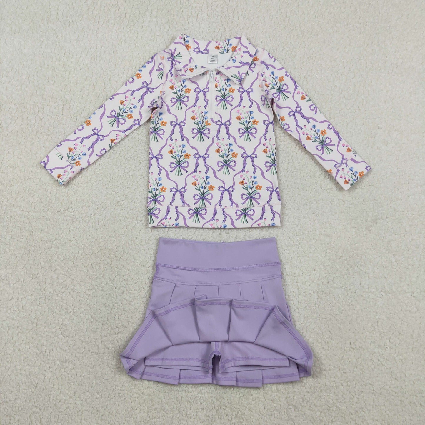 GLD1416 Baby Girls Flower Bows Zipper Pullover Pleated Skirt Short Yoga Active Clothes Sets