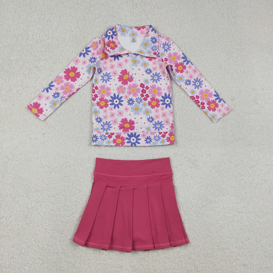 GLD1418 Baby Girls Colorful Flowers Zip Pullovers Hot Pink Skirt Shorts Yoga Active Clothes Sets