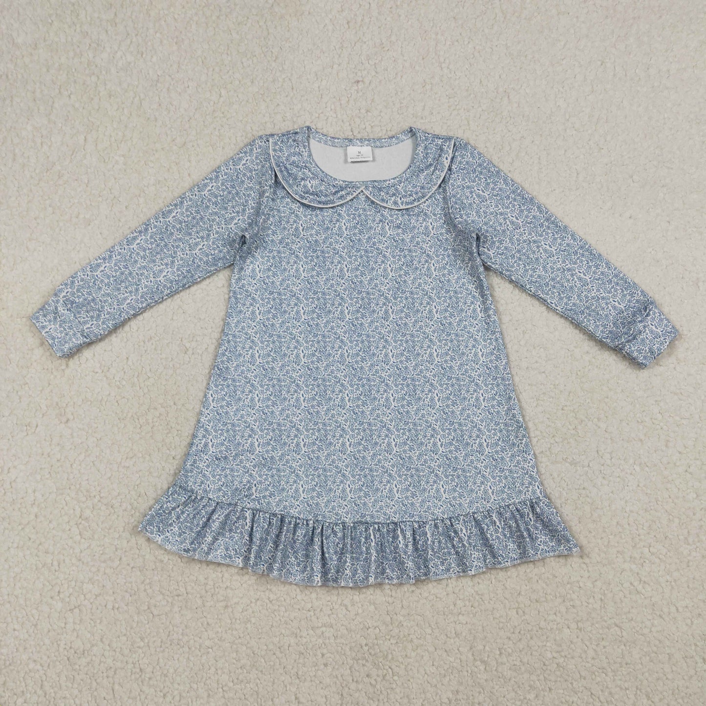GLD1424 Baby Girls Long Sleeve Blue Small Flowers Collar Ruffle Knee Legth Dresses