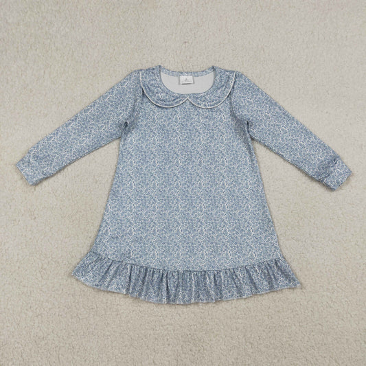 GLD1424 Baby Girls Long Sleeve Blue Small Flowers Collar Ruffle Knee Legth Dresses