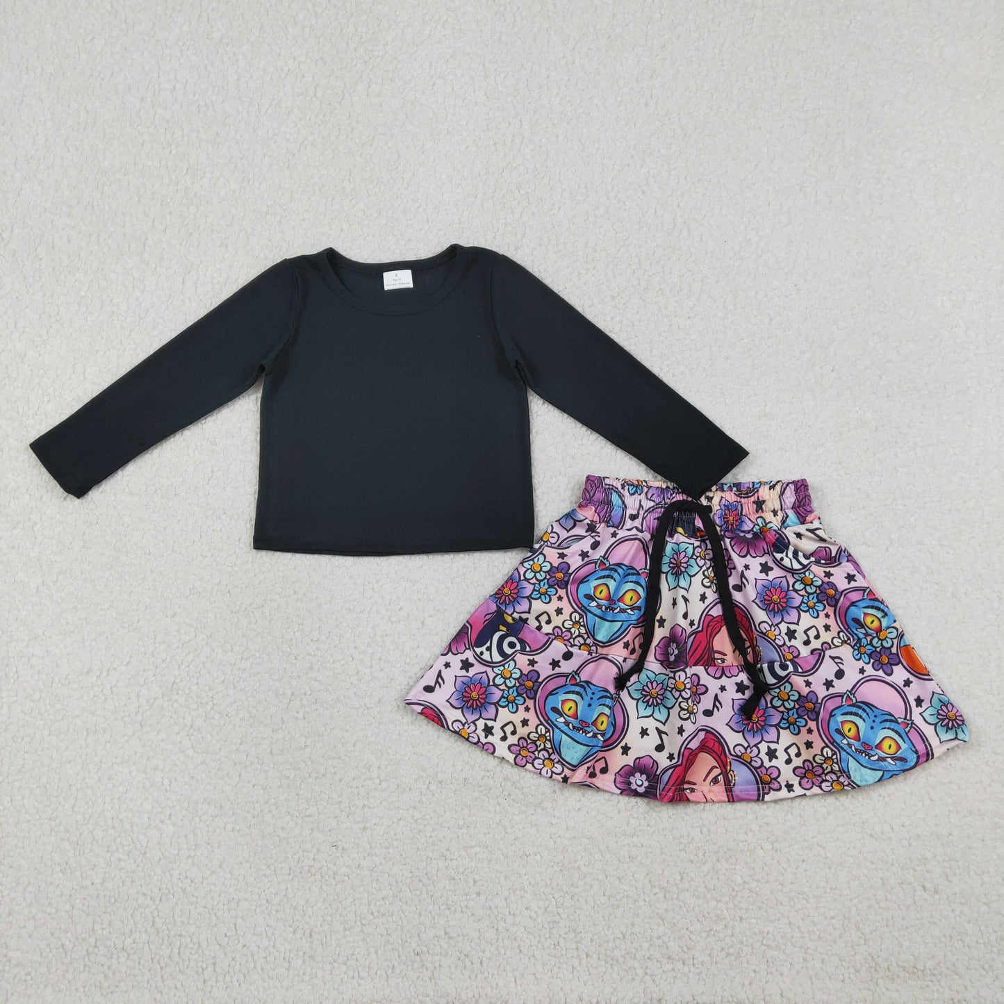 GLD1425 Baby Girls Black Long Sleeve Shirt Top Demon Hunter Flowers Skirt Shorts Clothes Set