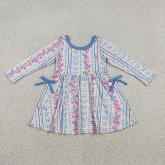GLD1427 Baby Girls Bows Flowers Stripe Pockets Knee Length Dresses