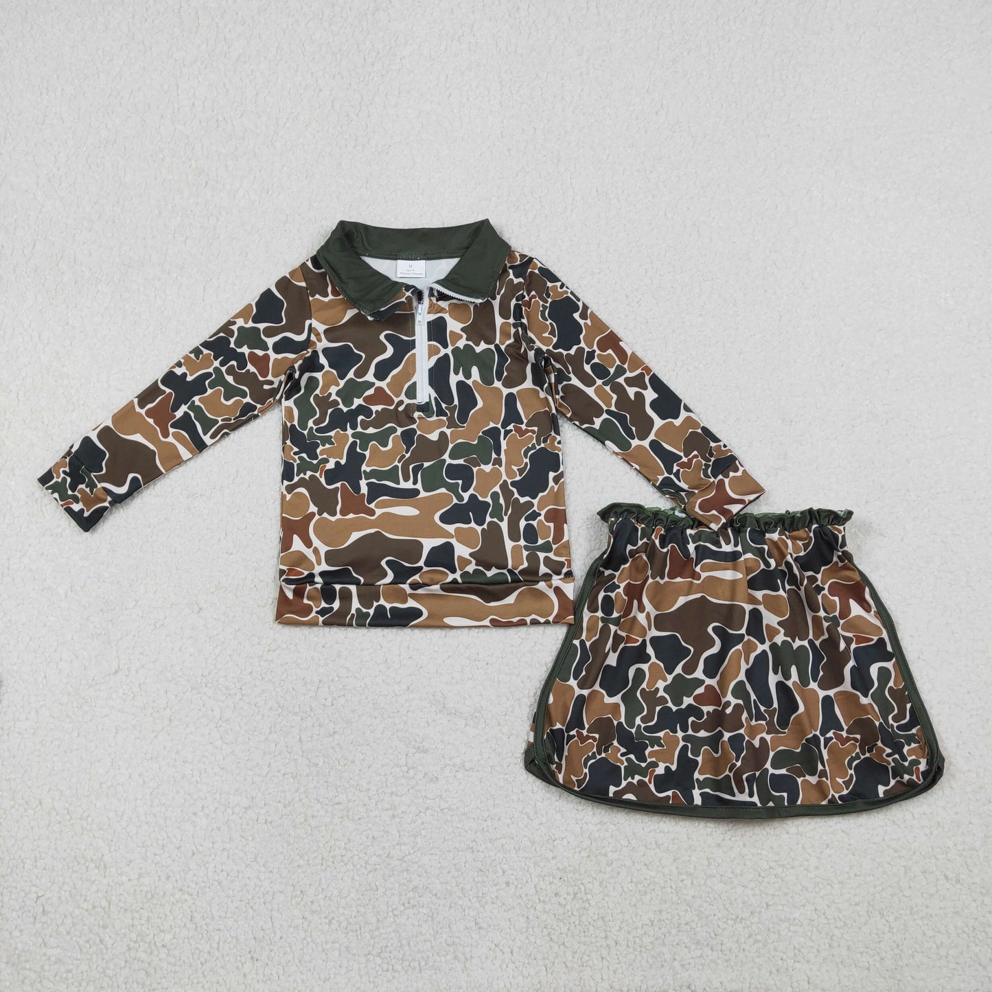 GLD1547 Baby Girls Southern Dark Brown Camo Zip Pullovers Top Skirt Short Clothes Sets