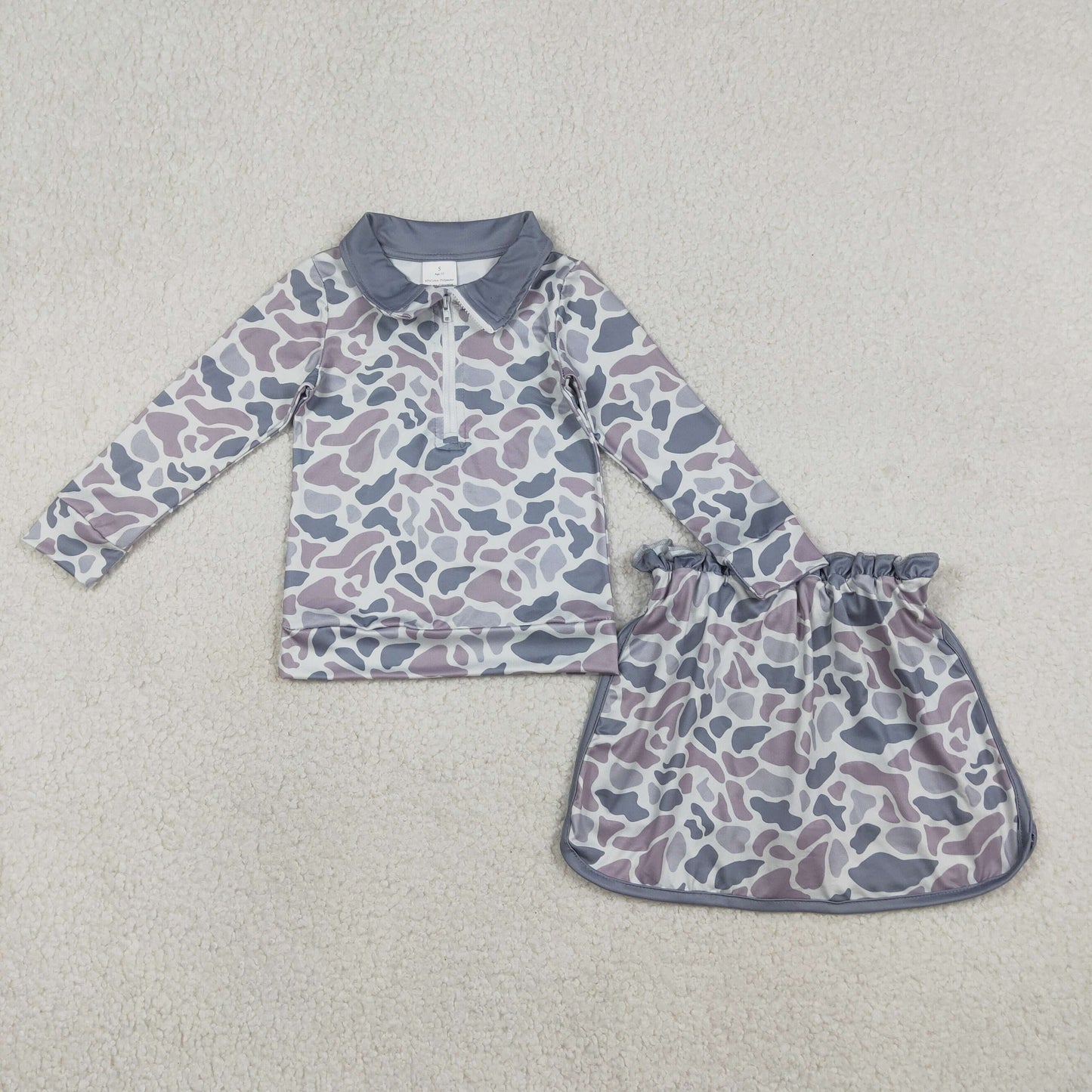 GLD1548 Baby Girls Southern Light Grey Camo Zip Pullovers Top Skirt Short Clothes Sets