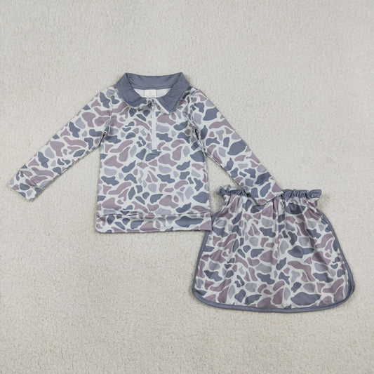 GLD1548 Baby Girls Southern Light Grey Camo Zip Pullovers Top Skirt Short Clothes Sets