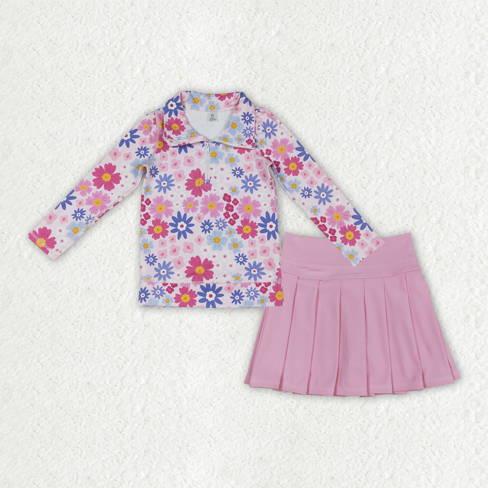 GLD1563 Baby Girls Colorful Flowers Zip Pullovers Pink Skirt Shorts Yoga Active Clothes Sets