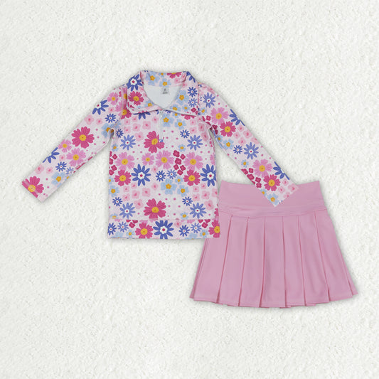 GLD1563 Baby Girls Colorful Flowers Zip Pullovers Pink Skirt Shorts Yoga Active Clothes Sets