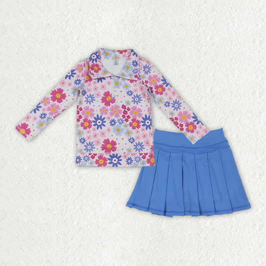 GLD1563 Baby Girls Colorful Flowers Zip Pullovers Blue Skirt Shorts Yoga Active Clothes Sets