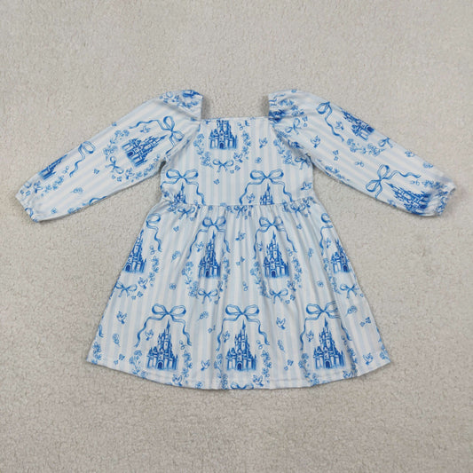 GLD1567 Baby Girls Long Ruffle Sleeve Blue Stripe Bows Castles Knee Length Dresses