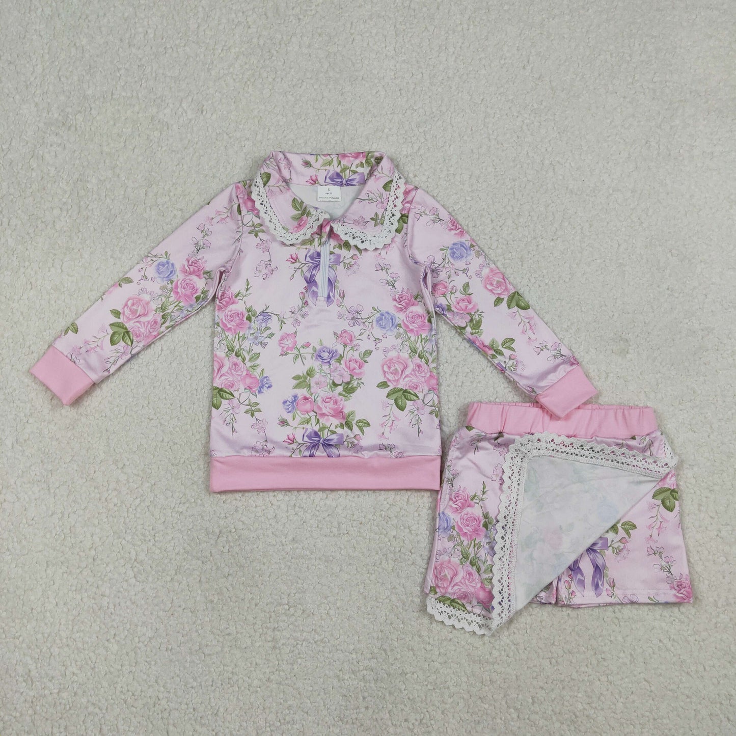 GLD1572 Baby Girls Long Sleeve Colorful Flowers Zipper Top Skirt Shorts Clothes Sets