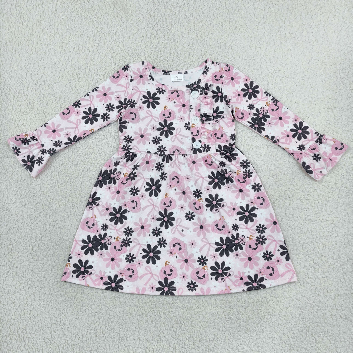 GLD1637 Baby Girls Flowers Ghost Pumpkins Halloween Button Knee Length Dress