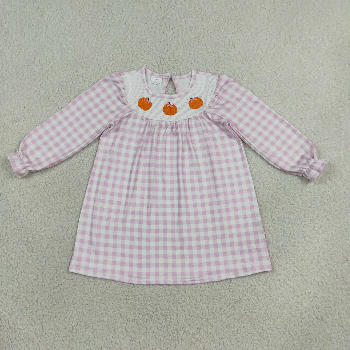 Sibling Smocked Bows Pumpkins Pink Checked Fall Knee Length Dress Ruffle Rompers