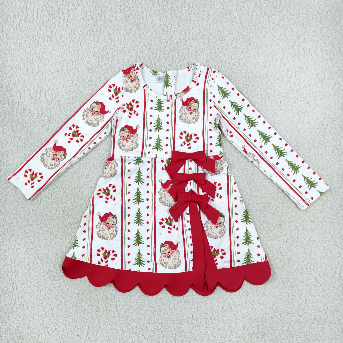 GLD1650 Baby Girls Santa Trees Stripe Long Sleeve Yoga Active Short Christmas Bows Scallop Dress