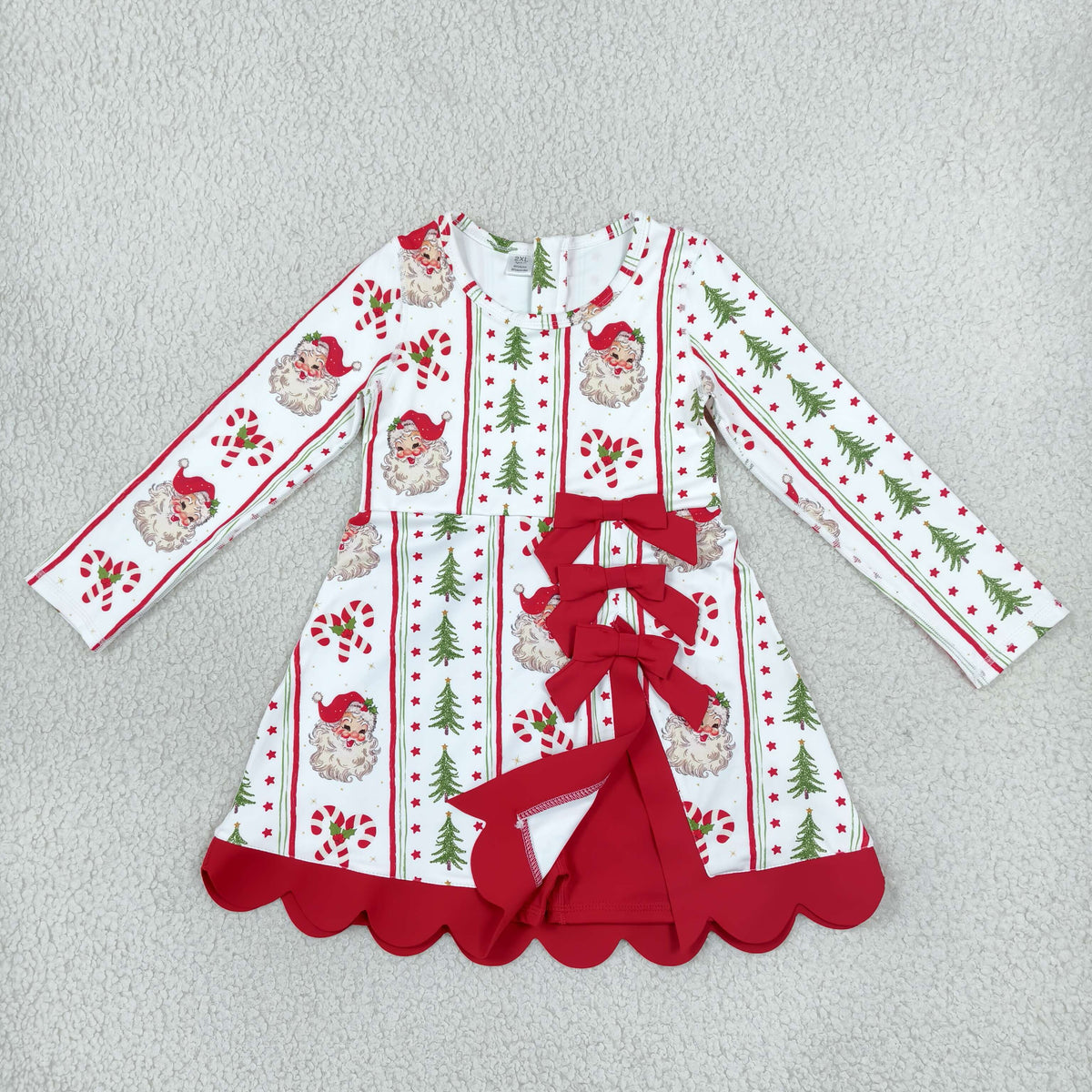 GLD1650 Baby Girls Santa Trees Stripe Long Sleeve Yoga Active Short Christmas Bows Scallop Dress