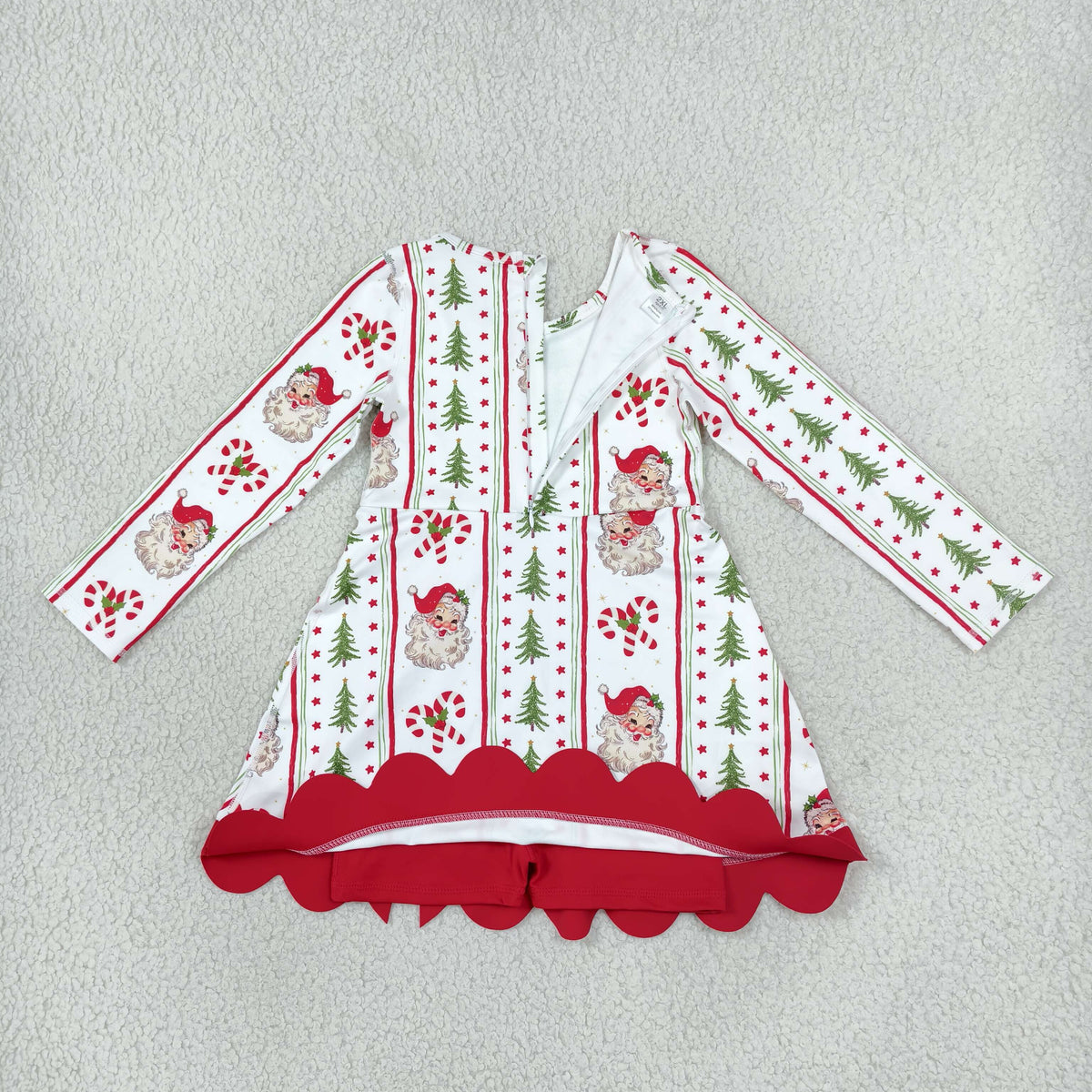 GLD1650 Baby Girls Santa Trees Stripe Long Sleeve Yoga Active Short Christmas Bows Scallop Dress