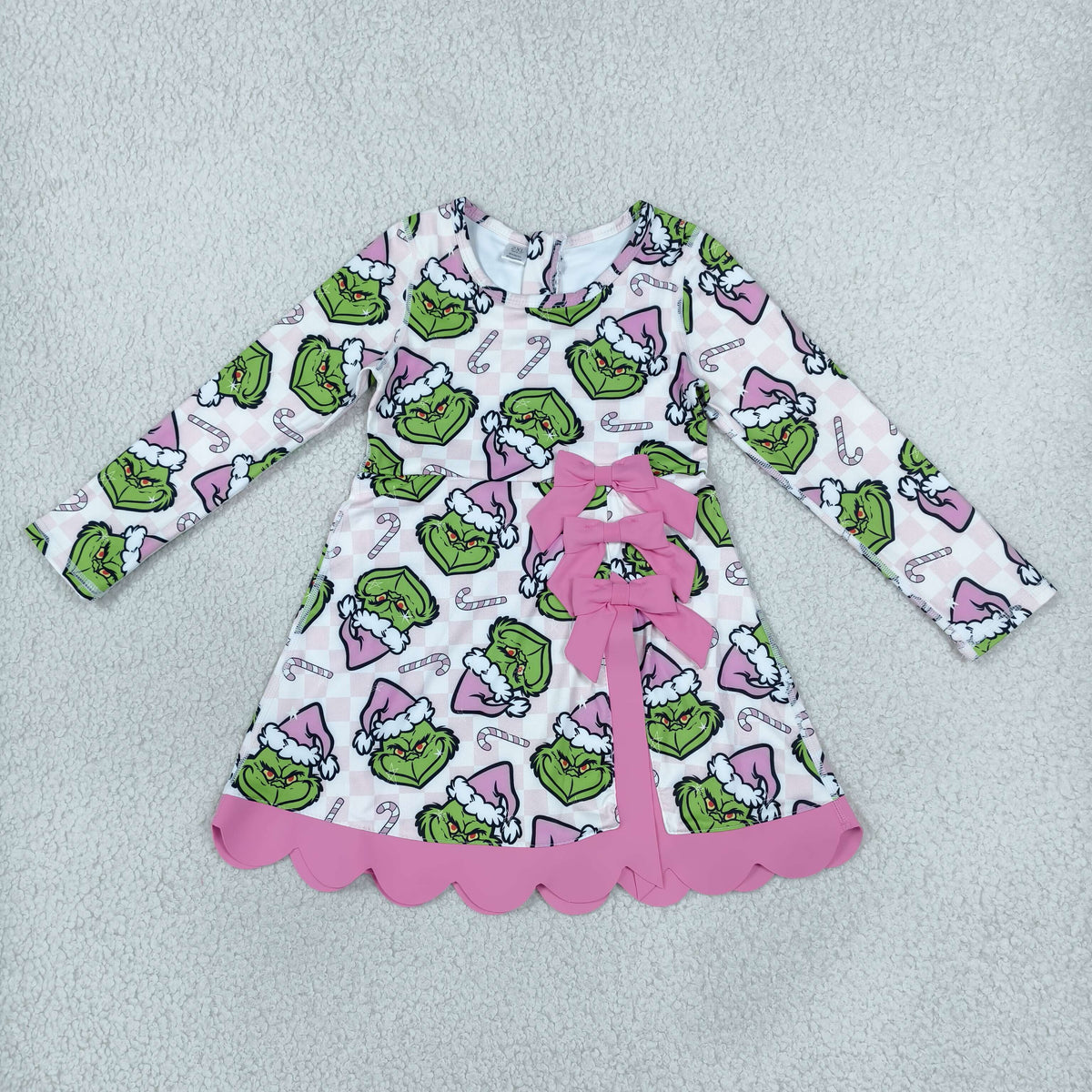 GLD1651 Baby Girls Green Frogs Long Sleeve Yoga Active Short Christmas Bows Scallop Dress