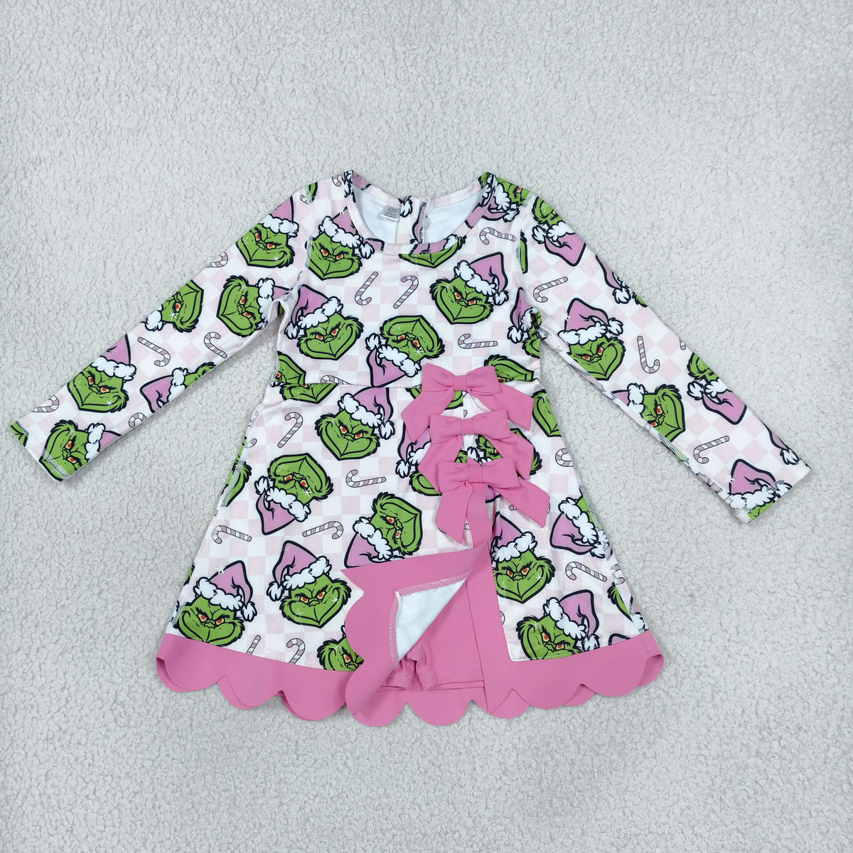 GLD1651 Baby Girls Green Frogs Long Sleeve Yoga Active Short Christmas Bows Scallop Dress