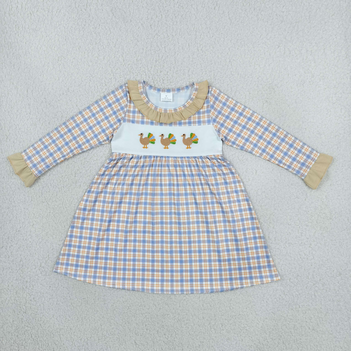 Sibling Baby Girls Embroidery Turkey Blue Checked Thanksgivings Knee Length Dress Rompers