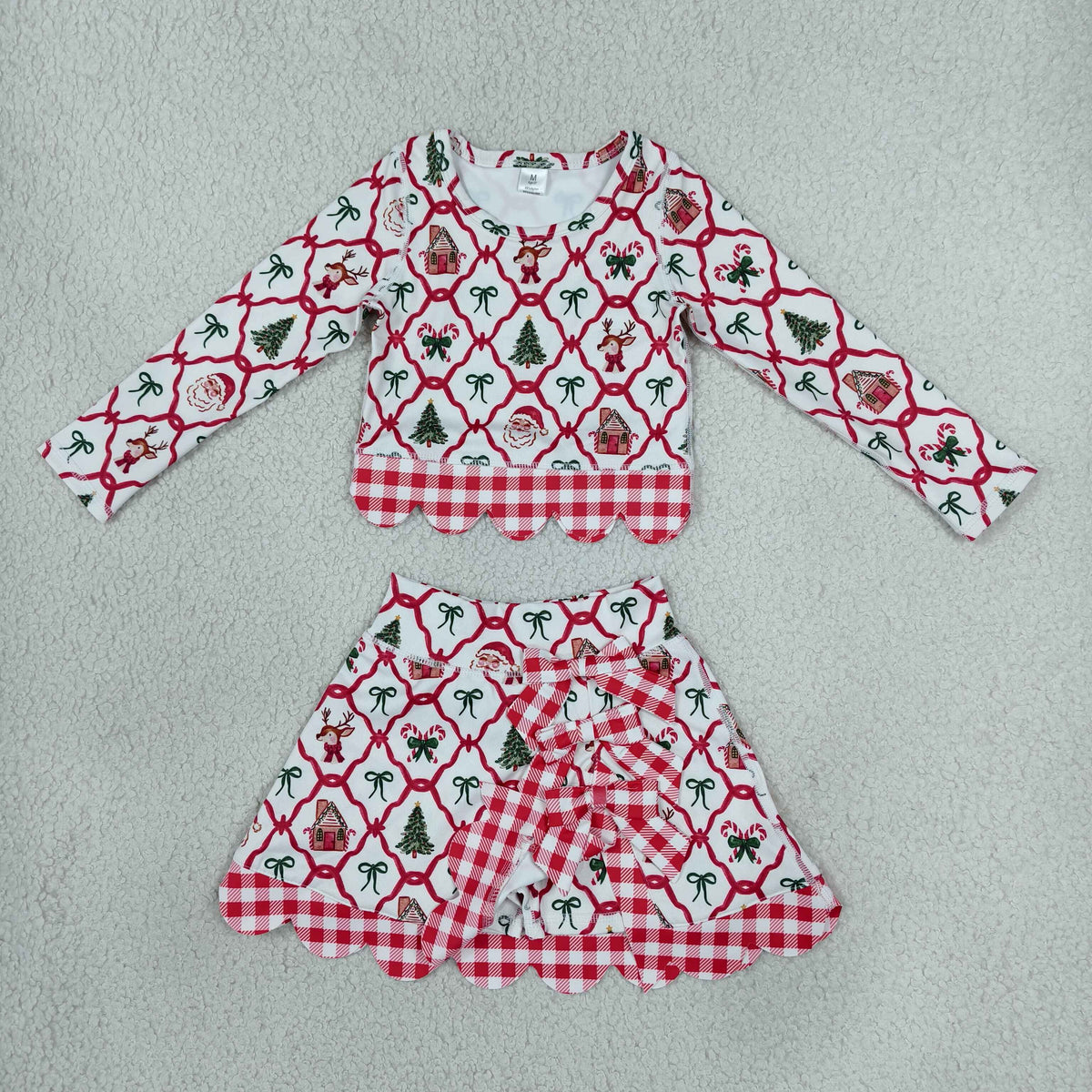 GLD1676 Baby Girls Bows Santa Long Sleeve Bows Skirt Short Yoga Active Christmas Scallop Set