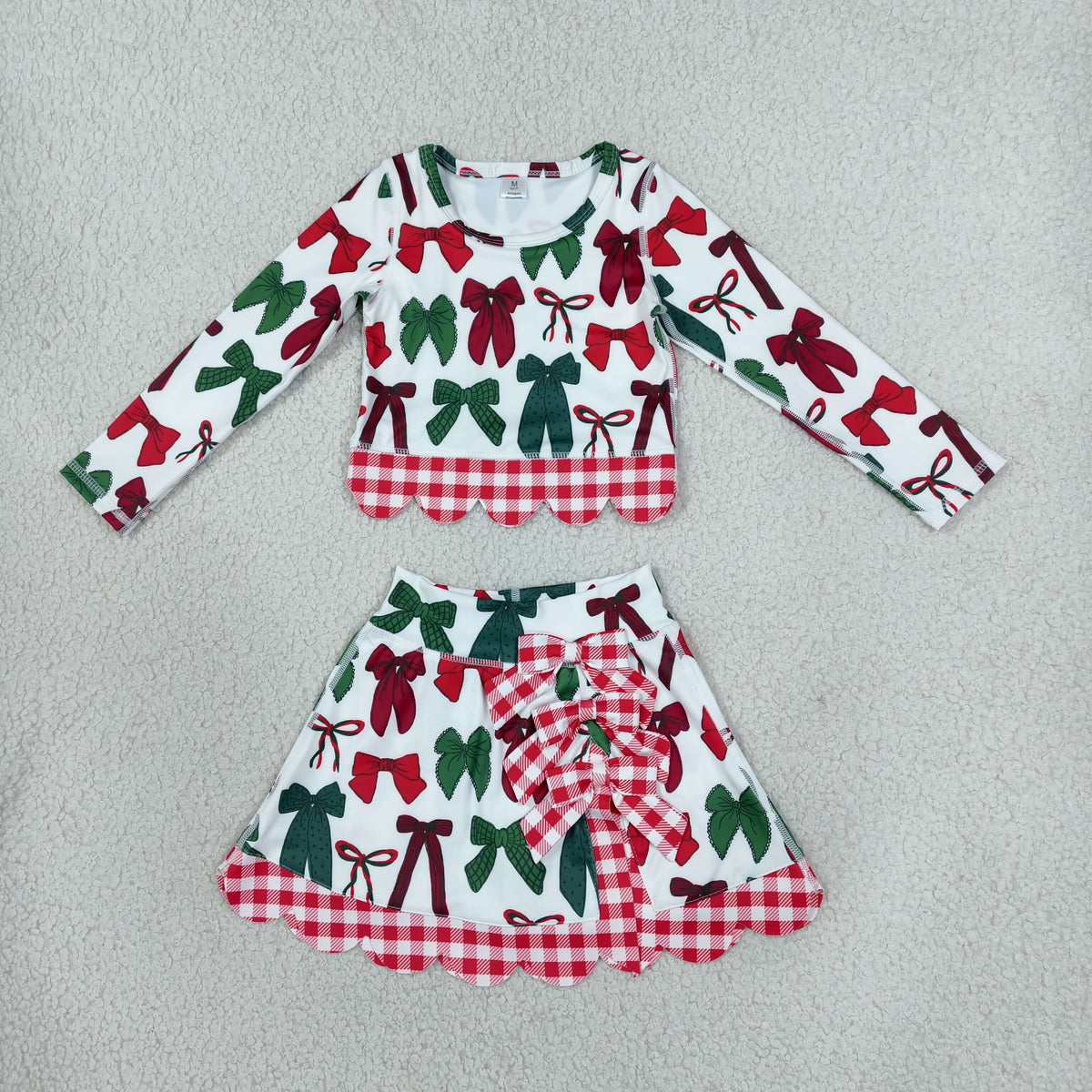 GLD1677 Baby Girls Red Green Bows Long Sleeve Bows Skirt Short Yoga Active Christmas Scallop Set