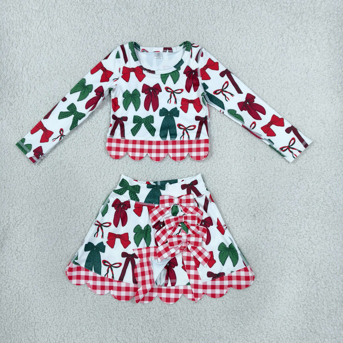 GLD1677 Baby Girls Red Green Bows Long Sleeve Bows Skirt Short Yoga Active Christmas Scallop Set
