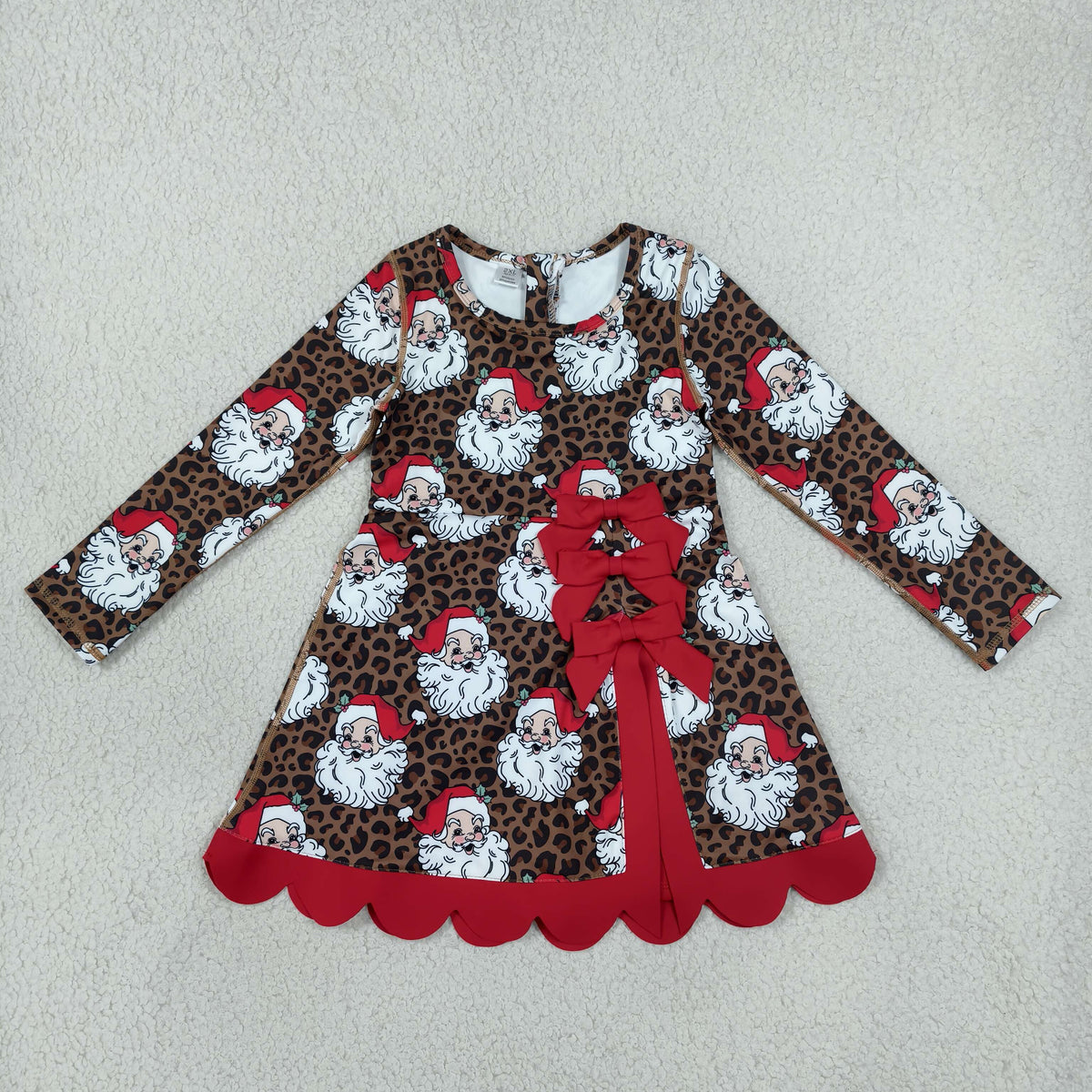 GLD1679 Baby Girls Leopard Santa Long Sleeve Yoga Active Short Christmas Bows Scallop Dress