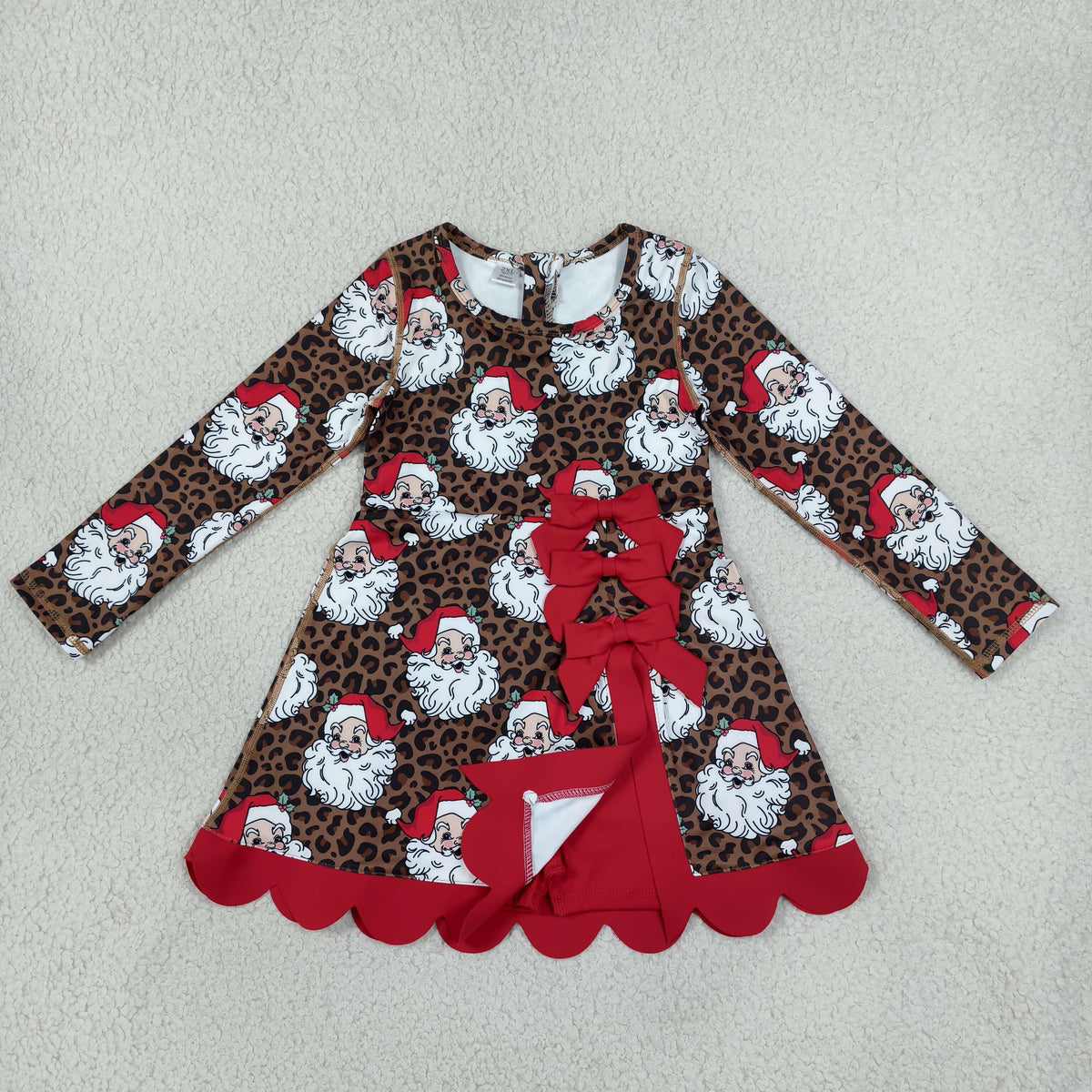 GLD1679 Baby Girls Leopard Santa Long Sleeve Yoga Active Short Christmas Bows Scallop Dress