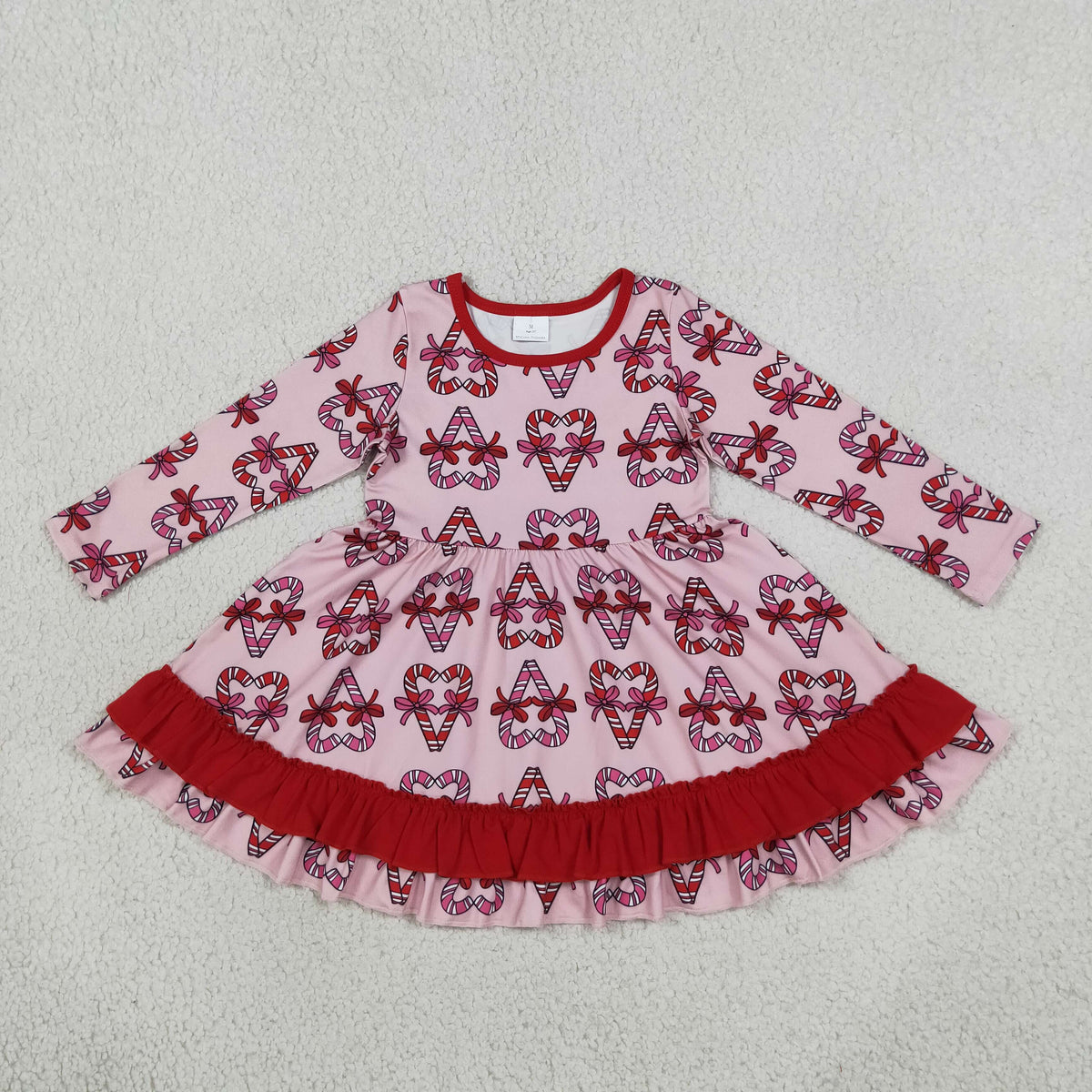 GLD1695 Baby Girls Bows Candy Cane Christmas Ruffle Knee Length Dress