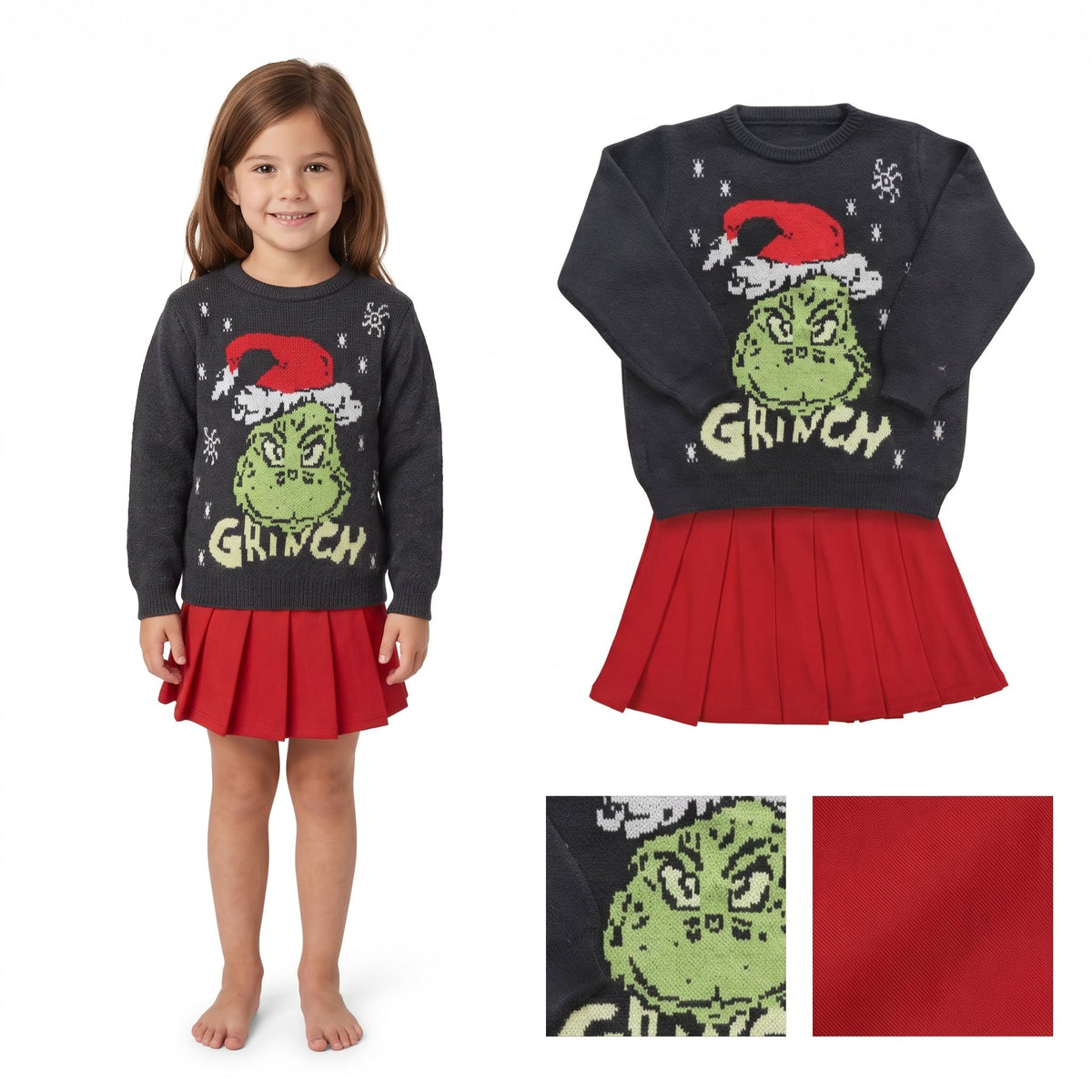 GLD1720 Baby Girls Christmas Black Frog Woolen Sweaters Top Yoga Active Red Pleated Skirt Short Clothes Set
