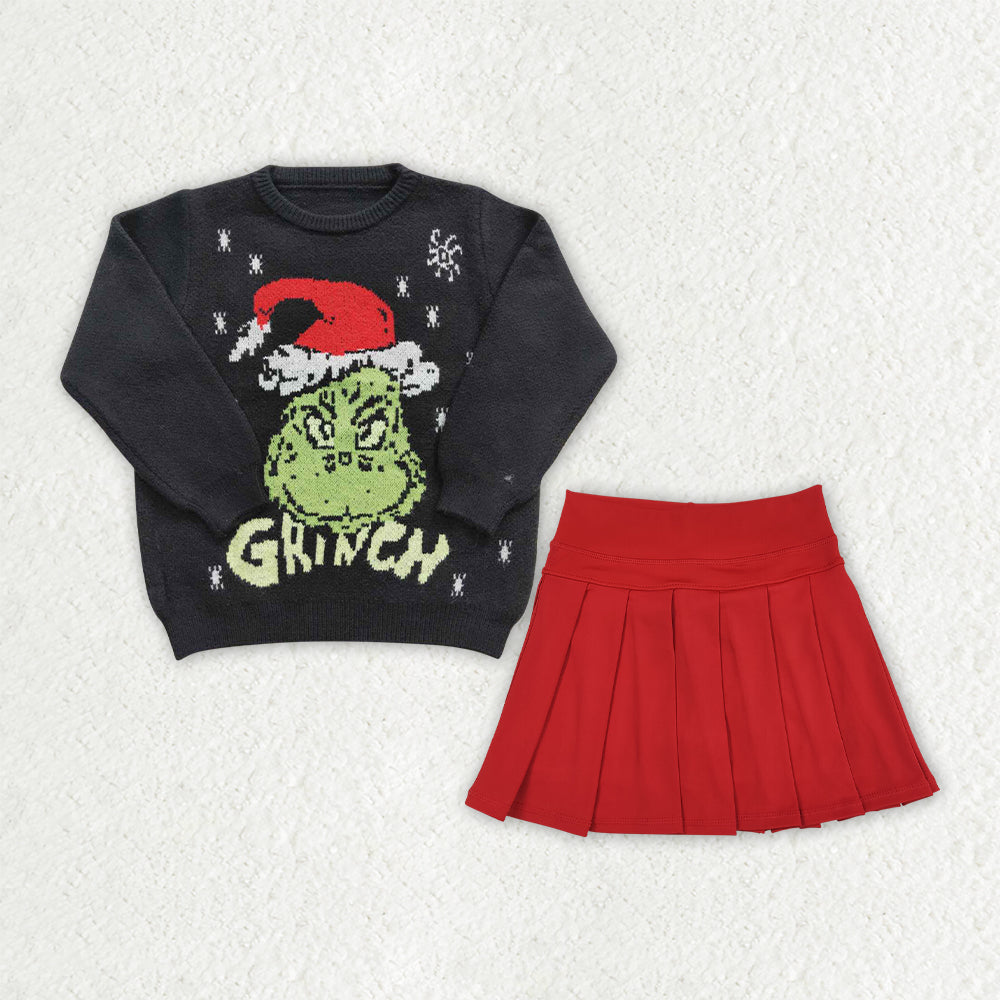 GLD1720 Baby Girls Christmas Black Frog Woolen Sweaters Top Yoga Active Red Pleated Skirt Short Clothes Set