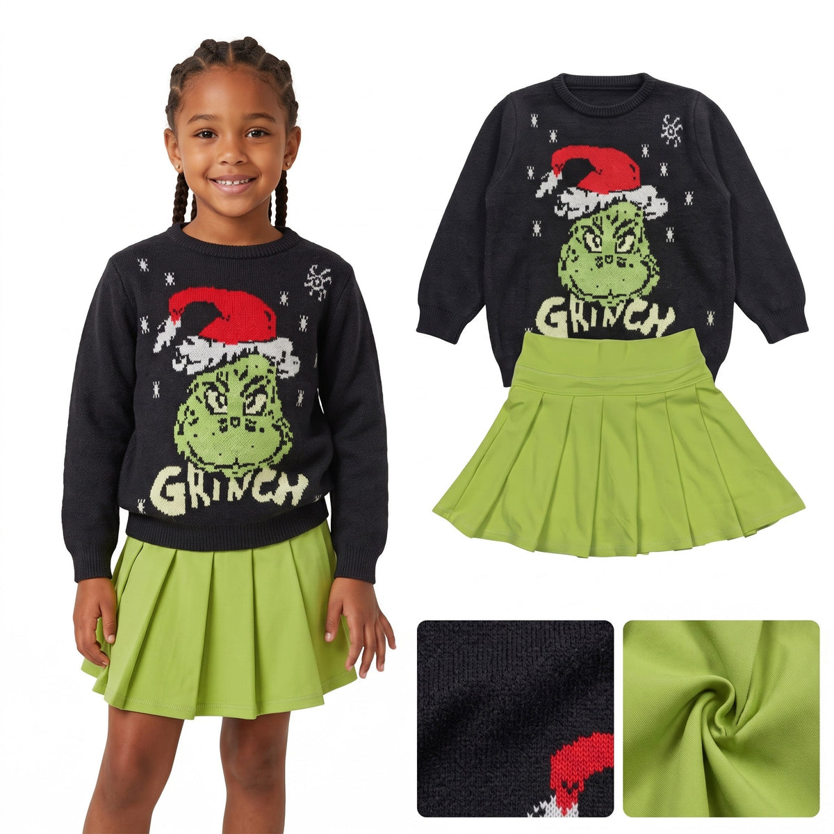 GLD1721 Baby Girls Christmas Black Frog Woolen Sweaters Top Yoga Active Green Pleated Skirt Short Clothes Set