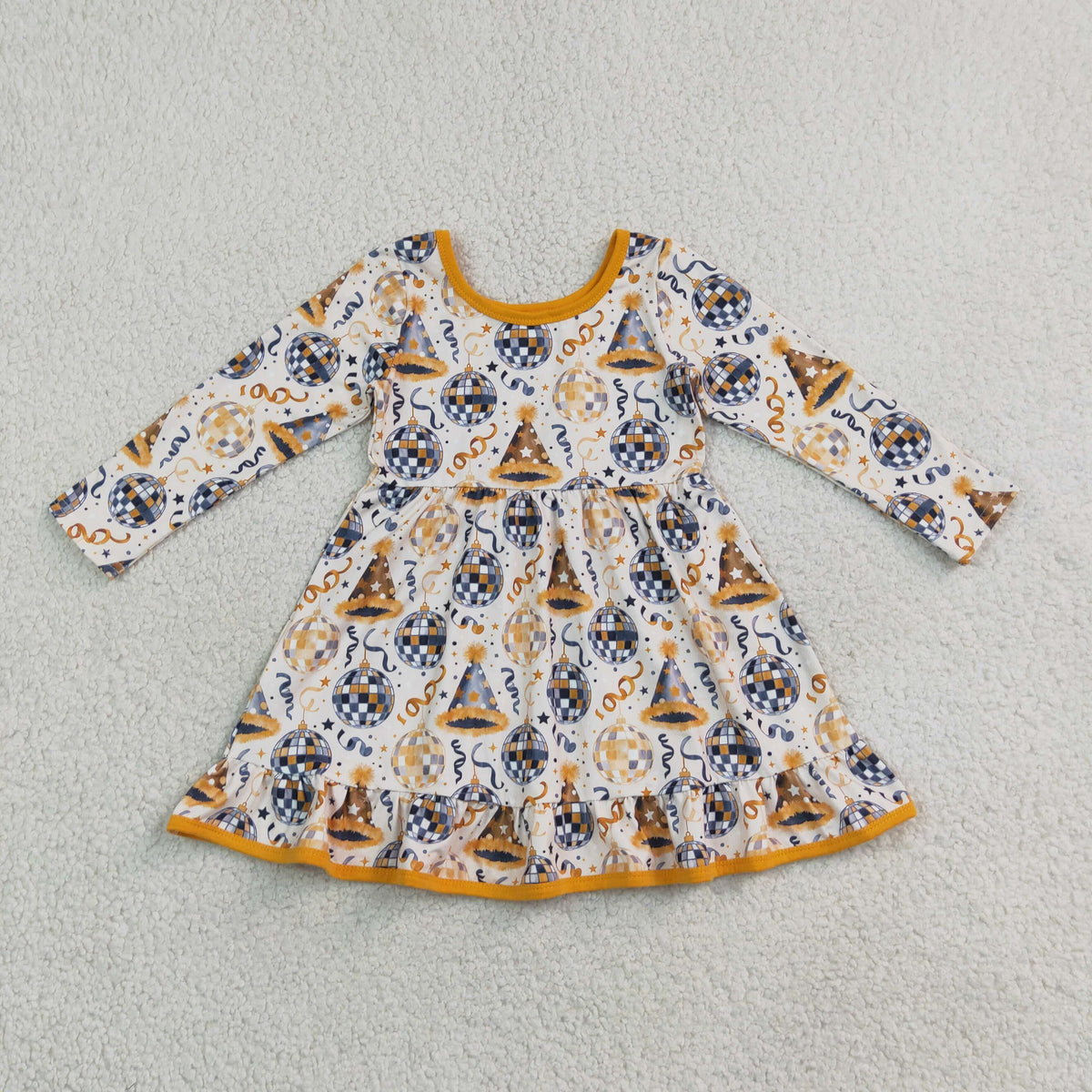 GLD1723 Baby Girls Long Sleeve Happy New Year Ruffle Knee Length Dress