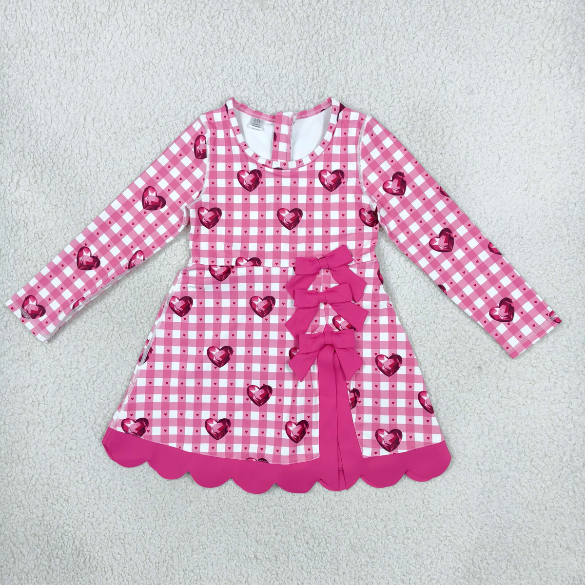 GLD1750 Baby Girls Pink Checked Hearts Long Sleeve Yoga Active Short Valentines Bows Scallop Dress