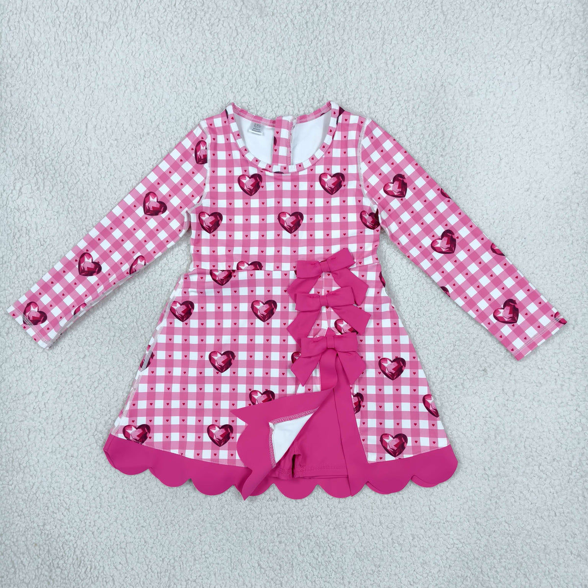 GLD1750 Baby Girls Pink Checked Hearts Long Sleeve Yoga Active Short Valentines Bows Scallop Dress