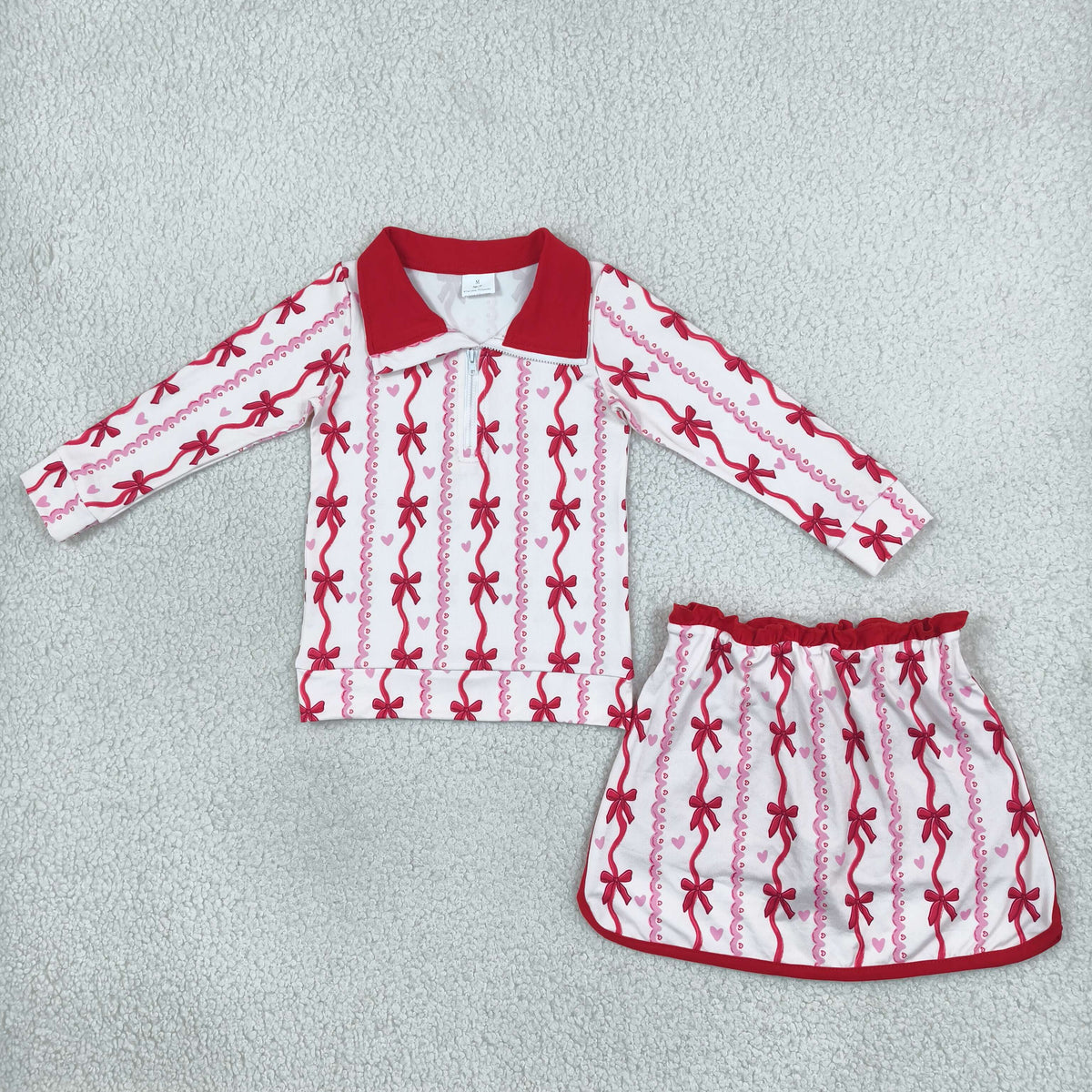GLD1751 Baby Girls Long Sleeve Bows Hearts Stripe Zip Pullover Skirt Short Valentines Set