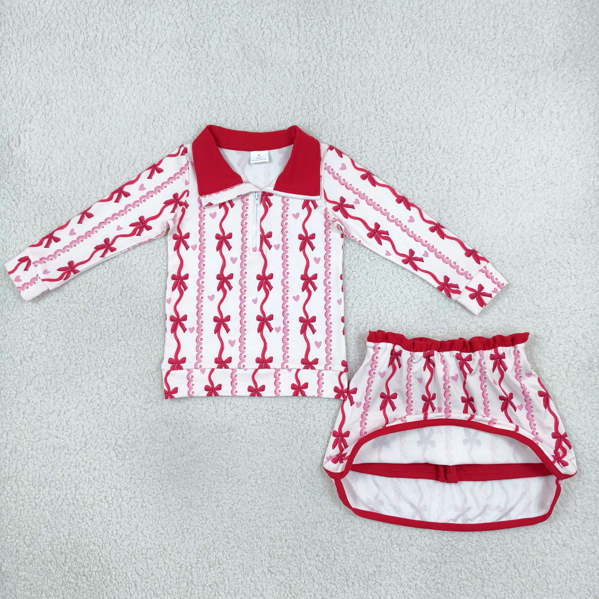 GLD1751 Baby Girls Long Sleeve Bows Hearts Stripe Zip Pullover Skirt Short Valentines Set