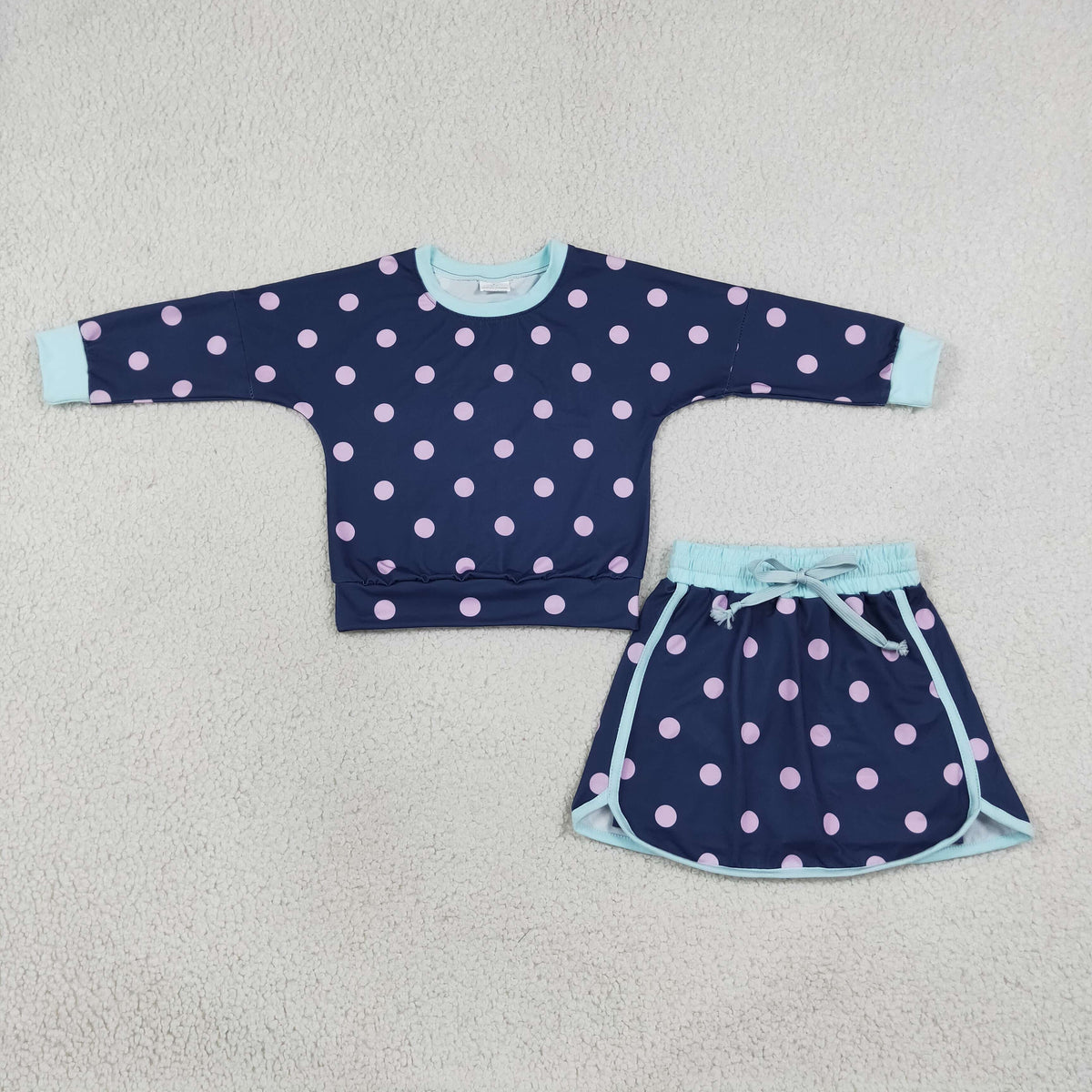 GLD1762 Baby Girls Long Sleeve Navy Pink Polka Dots Top Skirt Short Clothes Set