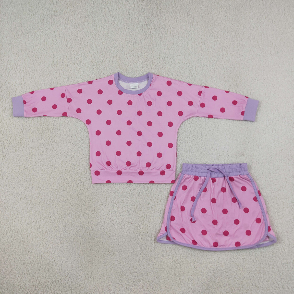 GLD1763 Baby Girls Long Sleeve Pink Lavender Polka Dots Top Skirt Short Clothes Set