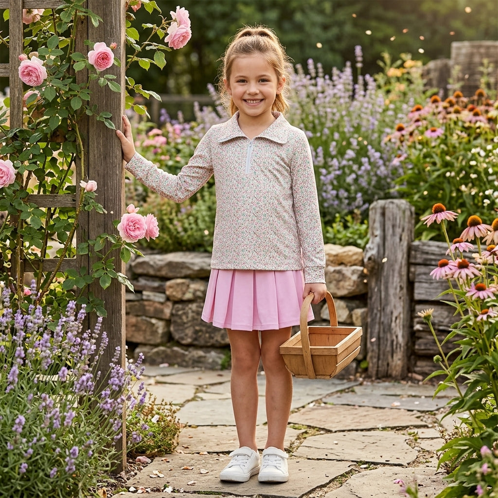 GLD1814 Baby Girls Pink Small Flowers Zip Pullover Yoga Active Skirt Shorts Clothes Sets